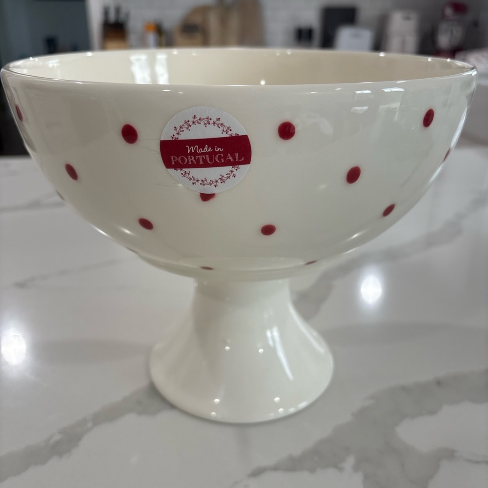 Ceramic Pedestal‎ Bowl Red Polka Dot Made in Portugal Farmhouse NEW w/ Tag